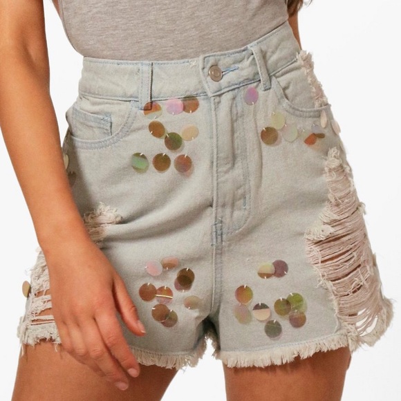 High Waist Mermaid Sequin Mom Shorts - Picture 3 of 6